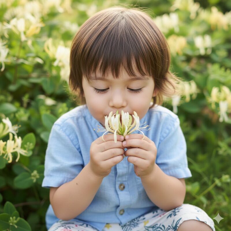スイカズラの花の蜜を吸う子供